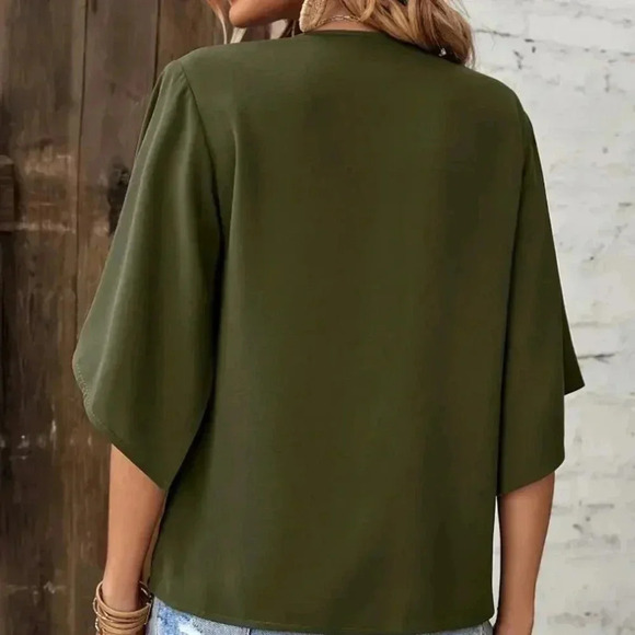 V-neck Blouse (Color: Army Green) - Picture 2 of 4